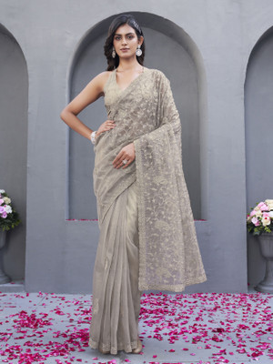 Tikhi Imli Embroidered Bollywood Net Saree(Beige)