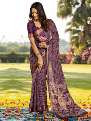 Anouk Rustic Printed Hand Batik Cotton Blend Saree(Magenta)