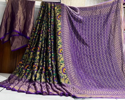 Hensi sarees shop Self Design Kalamkari Chiffon, Brasso Saree(Purple)