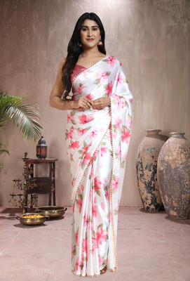 SHREESHA ENTERPRISE Floral Print Bollywood Satin Saree(White, Pink)