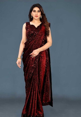 HouseOfCommon Self Design Bollywood Lycra Blend Saree(Maroon)