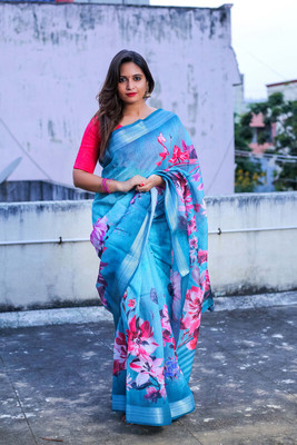 SEIKETSU Floral Print Bollywood Linen Saree(Blue)