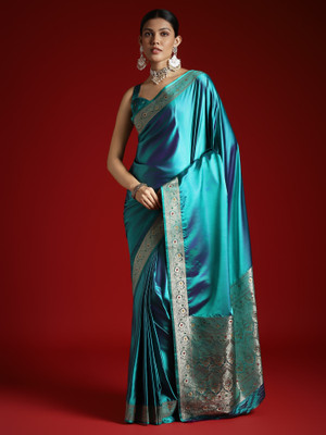 Tasrika Solid/Plain Banarasi Satin, Silk Blend Saree(Light Blue)