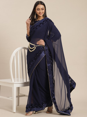 Tasrika Solid/Plain Handloom Georgette Saree(Dark Blue)