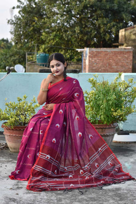 Joyguru Textile Self Design Handloom Cotton Blend Saree(Red)