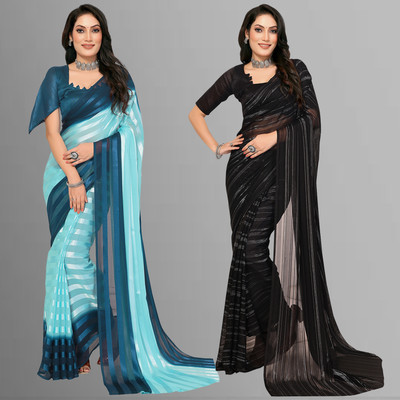 kashvi sarees Self Design Bollywood Satin Saree(Pack of 2, Black, Blue)