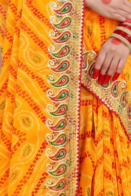 SHAYONAM Embroidered, Printed, Embellished Bandhani Chiffon, Georgette Saree(Mustard)