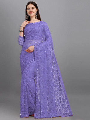LOROFY Self Design Bollywood Net Saree(Purple)