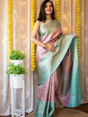 yanish Woven, Self Design Banarasi Cotton Silk Saree(Pink, Light Blue)