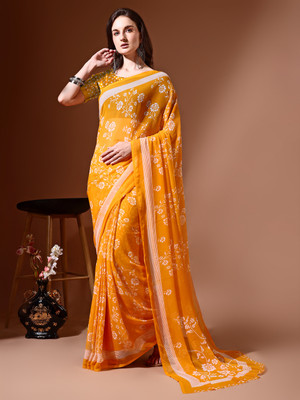 VIBHAGYAA Printed Daily Wear Chiffon Saree(Gold)