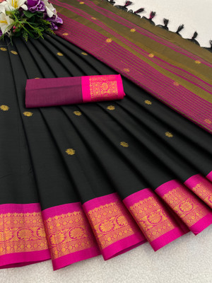 KanjiQueen Woven Kanjivaram Pure Silk, Cotton Blend Saree(Black, Pink)