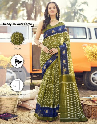 Divastri Geometric Print, Printed Bollywood Cotton Blend Saree(Green, Dark Blue)