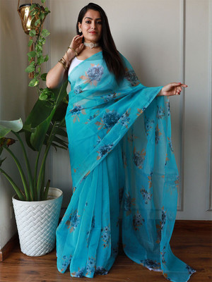 ANOUK Printed Saree with Attached Blouse Organza Saree(Green)