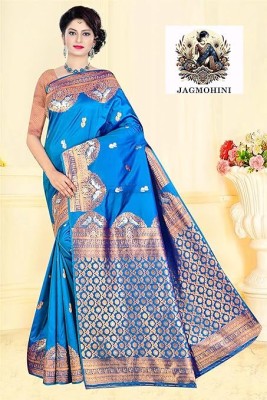JAGMOHINI Solid/Plain Banarasi Raw Silk Saree(Blue)