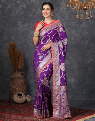 Satrani Woven, Embellished Banarasi Silk Blend, Jacquard Saree(Purple, Gold, Multicolor)