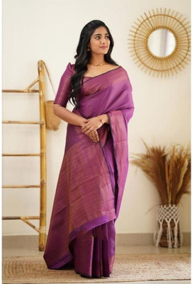 Bansari Textiles Embellished, Applique, Self Design, Woven Kanjivaram Cotton Silk, Jacquard Saree(Purple)