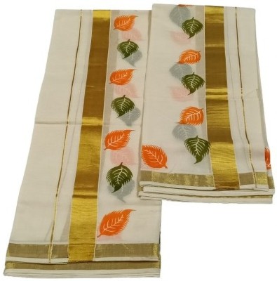 VKC SAREES Printed Kasavu Cotton Blend Saree(Orange)