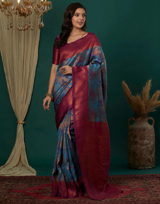 VASTUKALA Woven Kanjivaram Pure Silk, Art Silk Saree(Blue, Pink)