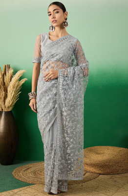 zili Embroidered Bollywood Net Saree(Grey)