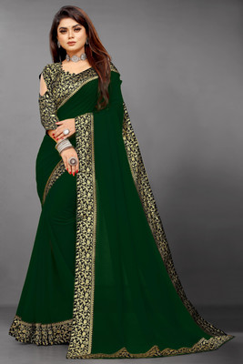Georgette Saree Solid/Plain Jamdani Georgette, Crepe Saree(Dark Green)