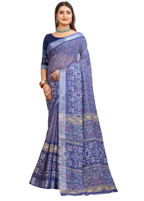 G GAJAL INTERNATIONAL Printed Kanjivaram Pure Cotton, Cotton Linen Saree(Blue)