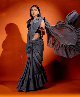 SUBHAM Solid/Plain, Embellished Bollywood Lycra Blend Saree(Dark Blue)