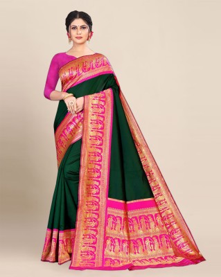 Anjaneya Sarees Woven Banarasi Silk Blend Saree(Green)