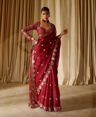 KRISHNACOLLECTION9 Embellished, Embroidered, Floral Print Bollywood Georgette Saree(Maroon)