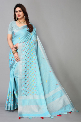 NEGRONI Embroidered Daily Wear Cotton Linen Saree(Light Blue)