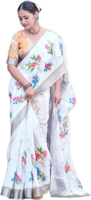 Sidhidata Printed Daily Wear Cotton Linen Saree(White)