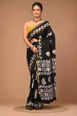 LOVWEAR Printed Ikkat Pure Cotton Saree(Black)