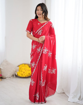 Satrani Embellished, Embroidered Bollywood Jimmy choo, Silk Blend Saree(Red)