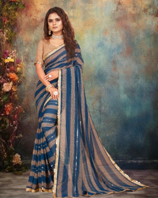Jayu Striped Bollywood Georgette Saree(Blue, Beige)