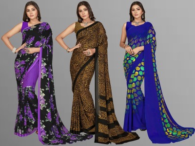 Anand Sarees Floral Print, Animal Print, Geometric Print Daily Wear Georgette Saree(Pack of 3, Purple, Black, Yellow, Blue)