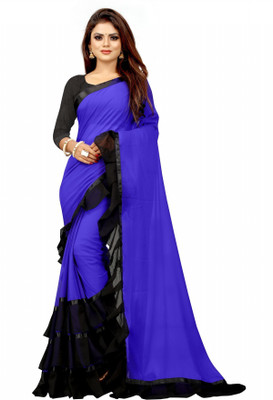 Glamour Hub Solid/Plain Bollywood Georgette, Chiffon Saree(Dark Blue)