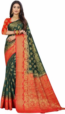 PEACOCK FASHION Woven Banarasi Art Silk Saree(Dark Green)