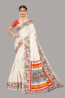 Nirvaan Printed Mysore Art Silk Saree(Orange, White)