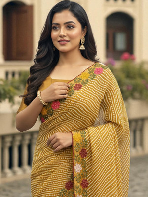 Pionex Striped, Embroidered Bandhani Cotton Silk Saree(Yellow)