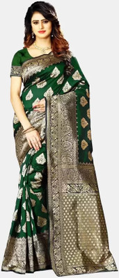 KIVERA Woven, Floral Print, Self Design, Temple Border Banarasi Pure Silk Saree(Green)