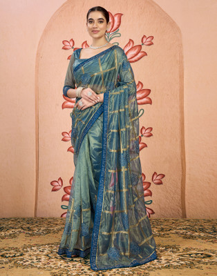 Samah Embellished Bollywood Net, Lace Saree(Blue)