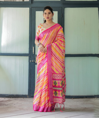 maharani couture Digital Print Leheria Cotton Linen Saree(Multicolor)