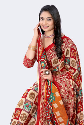 HARIOM FASHION Printed Ikkat Georgette Saree(Red)
