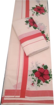 Kerala set mundu Printed Mundum Neriyathum Handloom Pure Cotton Saree(White)