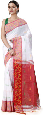 Ruuprekha Self Design Handloom Pure Cotton Saree(White)