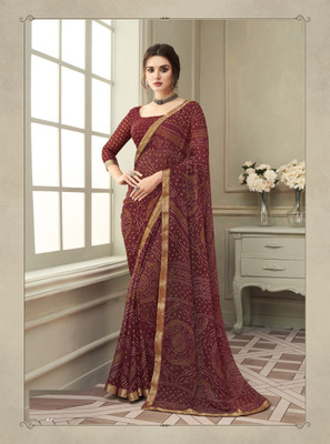 JustEthnic Geometric Print Bandhani Chiffon Saree(Maroon)