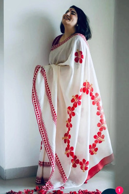 GOLU Printed Handloom Pure Cotton Saree(White)