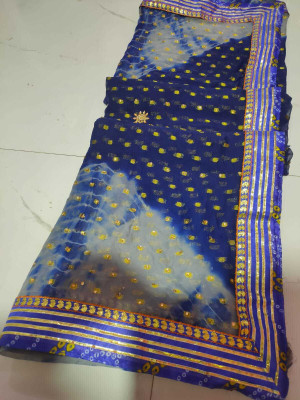 KAKADIYA CREATION Printed, Digital Print, Color Block, Geometric Print, Woven Bollywood Chiffon Saree(Dark Blue)
