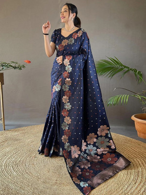shreeva fashion Self Design Banarasi Jacquard Saree(Dark Blue)