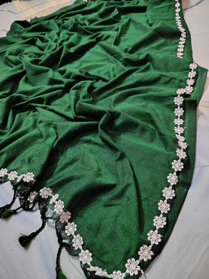 ACHOL Solid/Plain, Embroidered Handloom Cotton Blend Saree(Dark Green)