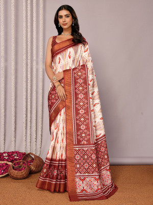 Janasya Printed, Floral Print Chanderi Silk Blend Saree(Cream, Red)